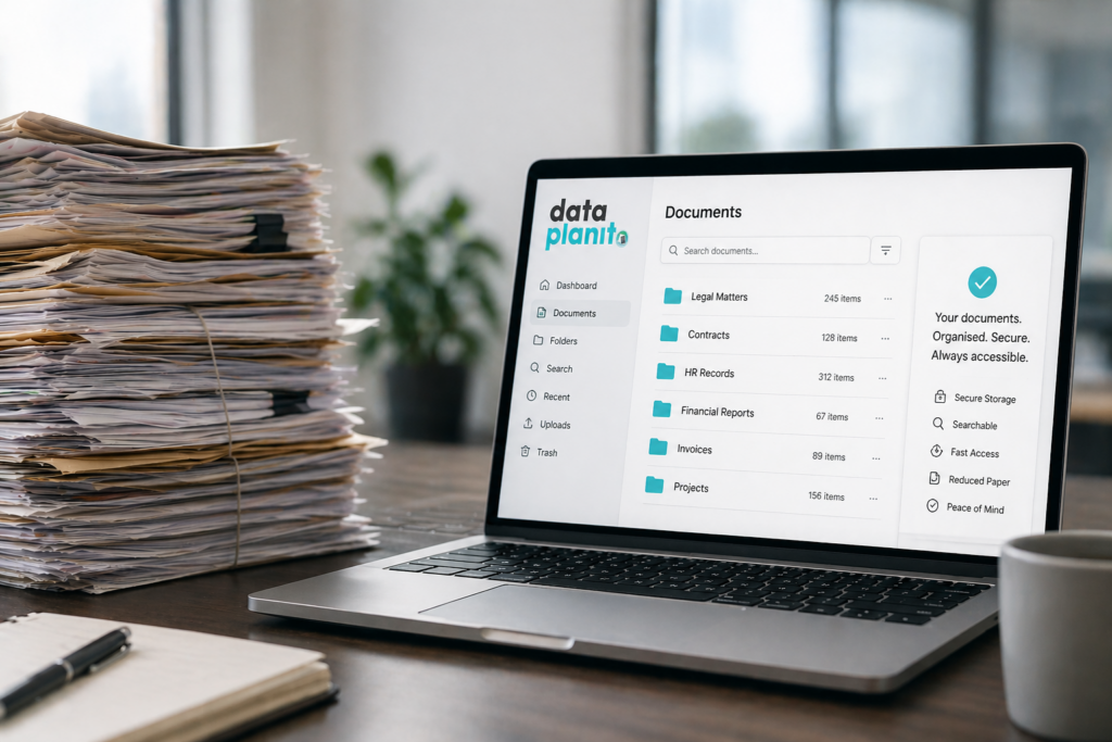 Stack of paper files beside a laptop showing a Data Planit digital document system, representing secure document scanning and searchable digital records.