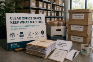Archive boxes, labelled business records and an archive clearance plan showing secure archive scanning services for office records.