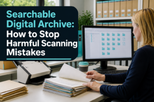 Professional UK office archive with paper files being converted into a secure searchable digital archive.