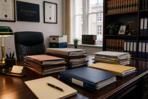 Legal matter files and archive documents prepared for secure legal document scanning in a UK law office